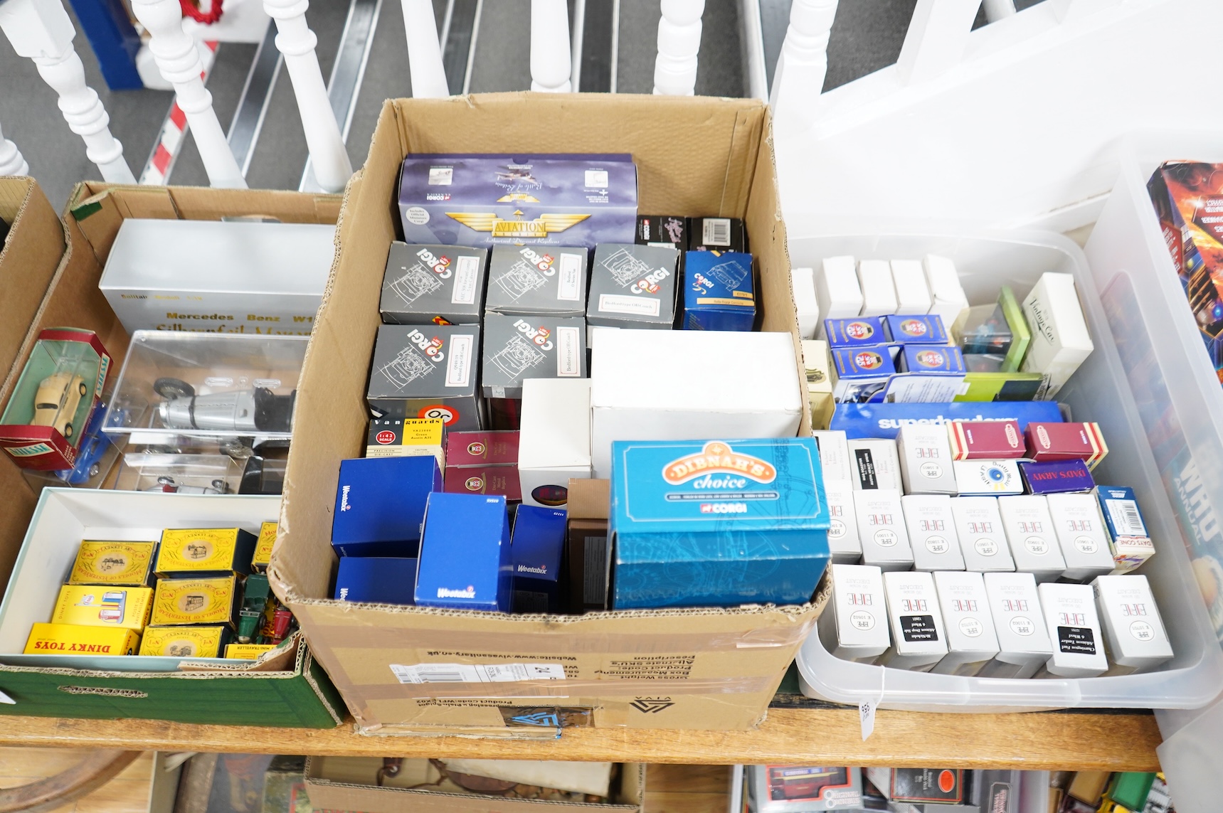 Sixty boxed diecast vehicles by EFE, Corgi Classics, Oxford Diecast, Vanguards, Corgi Aviation Archive, Matchbox Models of Yesteryear, etc. vehicles include; EFE commercial vehicles and cars, 1:76 scale trackside vehicle